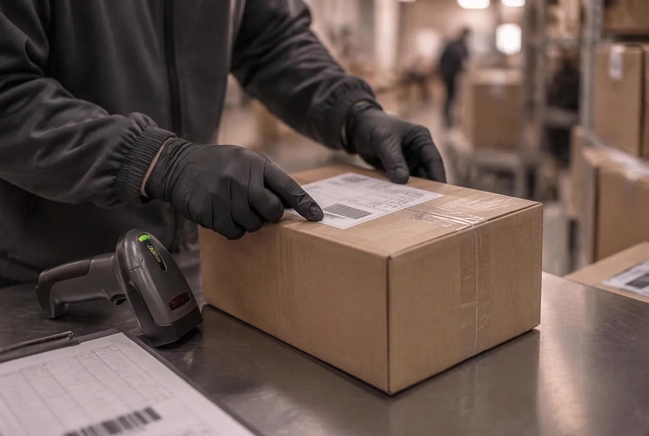 Mains gantées de noir vérifiant l'étiquette et le code-barres d'un carton fermé